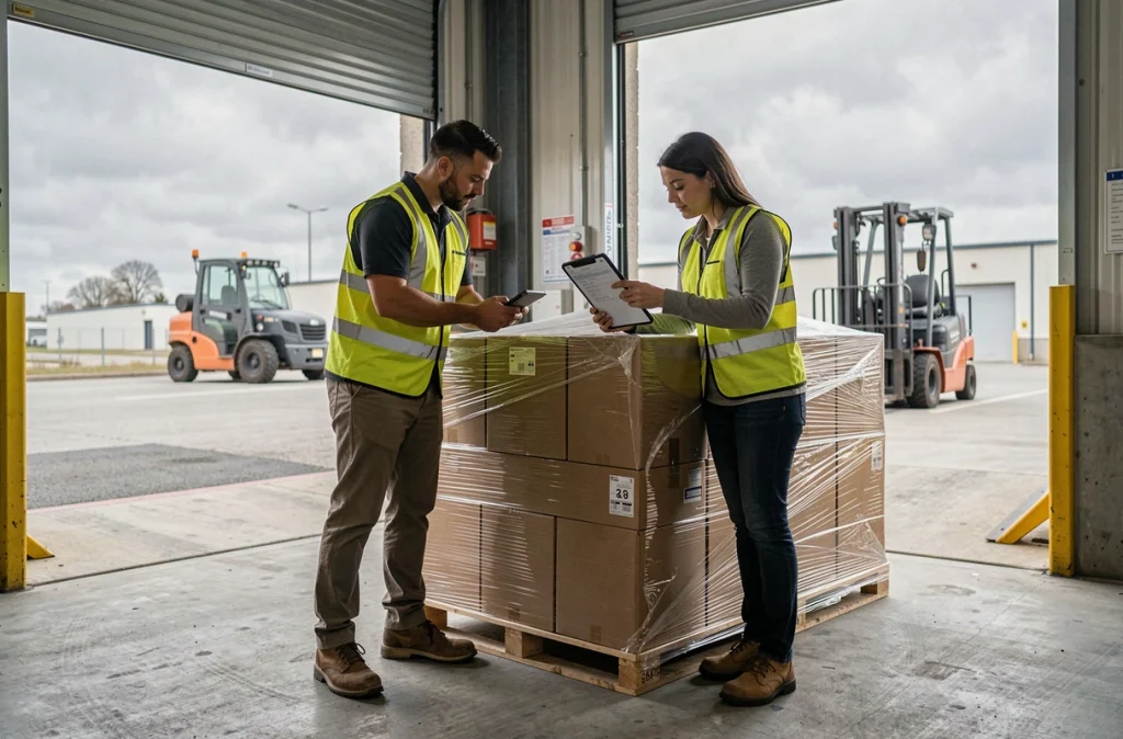 Deux employés d'entrepôt vérifiant un inventaire de palettes de cartons sur tablette au quai de chargement