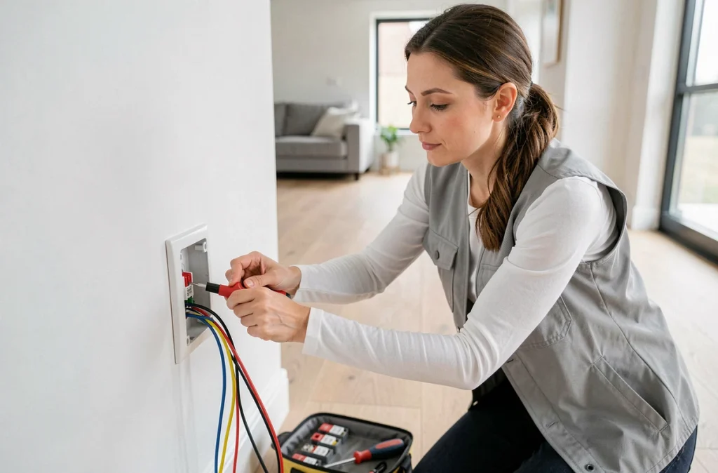 Femme utilisant un testeur de tension avant de brancher une prise électrique trois fils dans un appartement moderne