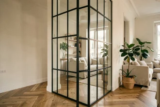 Verrière intérieure en acier noir et verre clair séparant un salon d'un couloir dans un appartement moderne au parquet en chêne