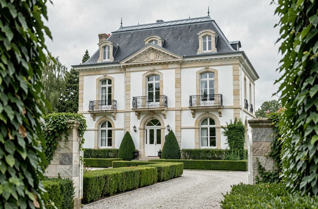 Villa bourgeoise française du début du XXe siècle avec façade blanche, balcon en fer forgé et jardin privé clos, représentant le standing architectural de la villa traditionnelle.