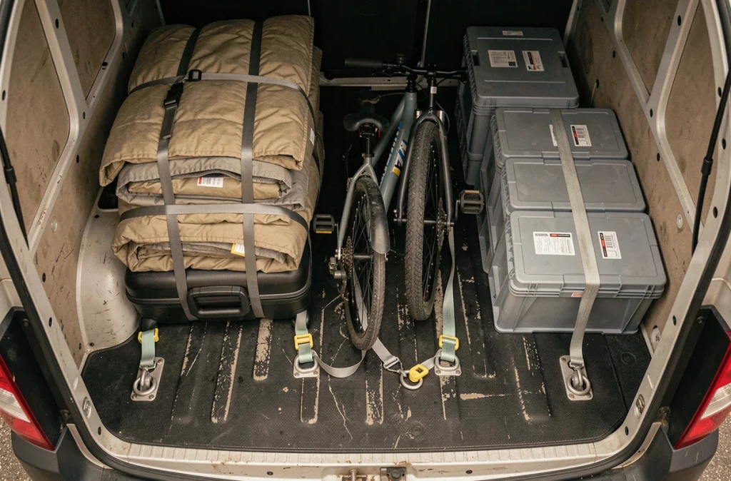 Vue aérienne de l'espace de chargement d'un utilitaire avec bagages, vélo et caisses plastiques sécurisés par des sangles d'arrimage sur des anneaux au sol