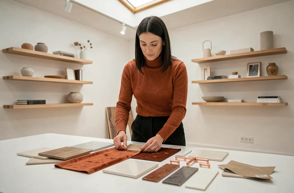Designer d'Armonisa arrangeant un assortiment harmonieux de matières et de couleurs en flat-lay dans un atelier de décoration épuré