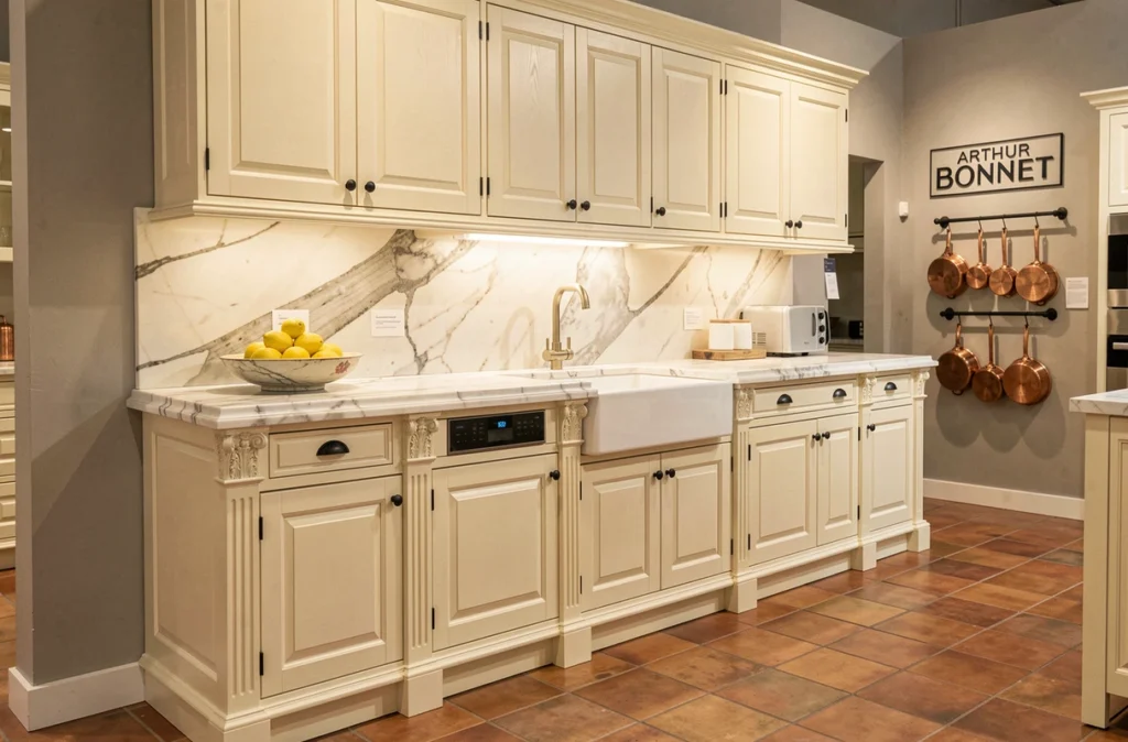 Cuisine traditionnelle Arthur Bonnet en bois massif crème avec plan de travail en marbre dans un showroom mosellan