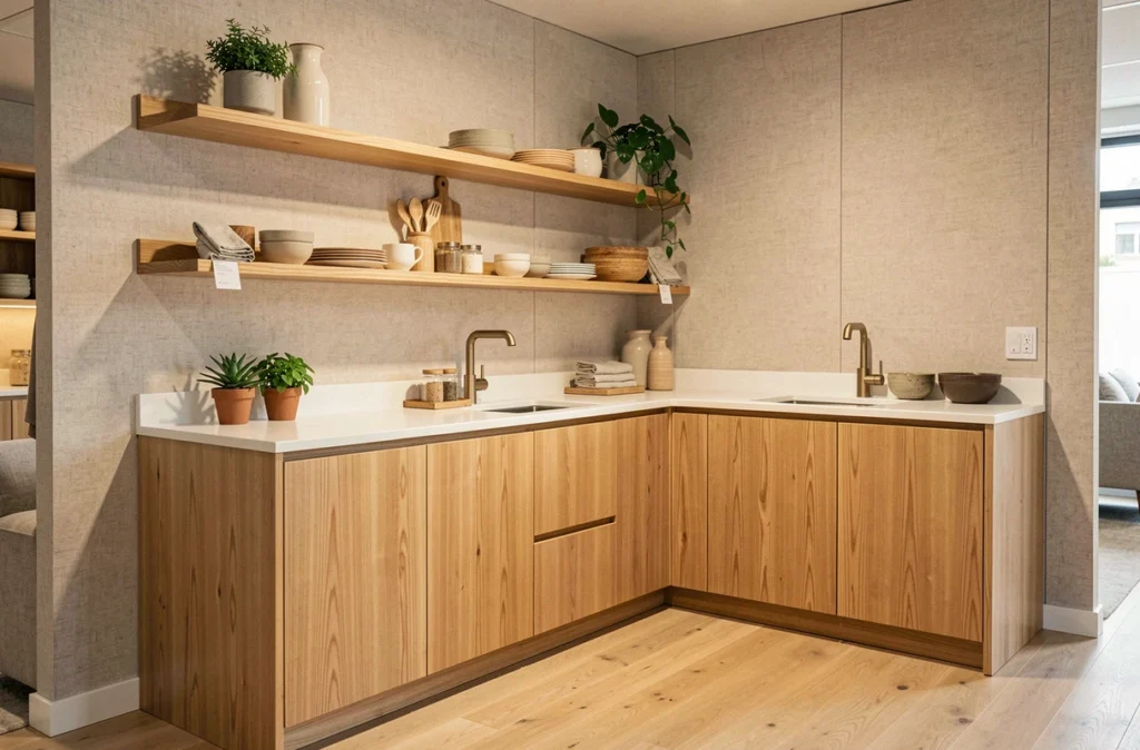 Cuisine Aviva en bois de bouleau naturel et blanc au style scandinave dans un showroom en Moselle