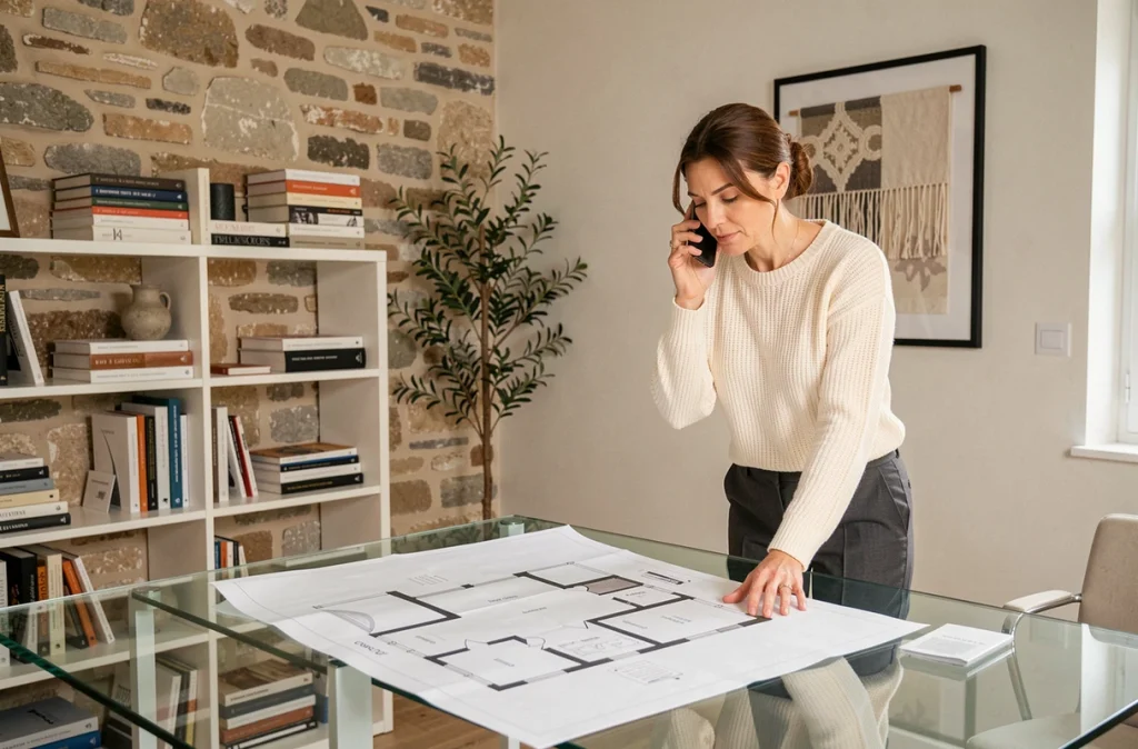Claire Troadec décoratrice d'intérieur consultant un plan d'aménagement dans son bureau chaleureux aux murs en pierre apparente