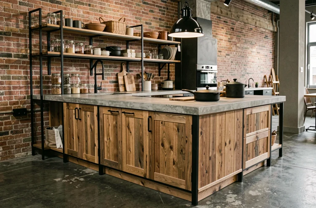 Cuisine rustique chic CREALODGES HABITAT avec façades chêne vieilli et plan de travail en béton brut dans un showroom en Moselle