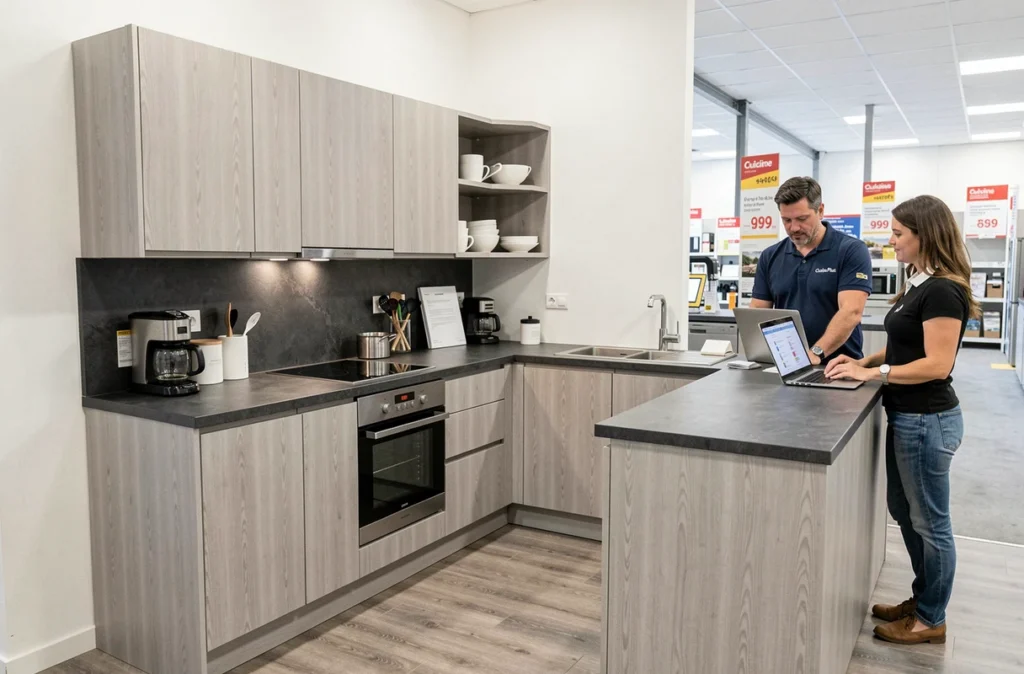 Cuisine Plus exposée à Montpellier avec des façades gris clair et un plan de travail effet ardoise, avec un conseiller et une cliente