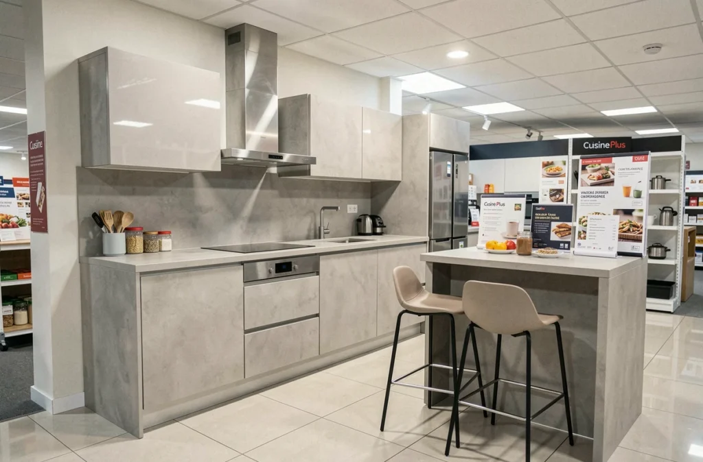 Modèle de cuisine Cuisine Plus en gris béton laqué avec bar petit-déjeuner dans un showroom en Moselle