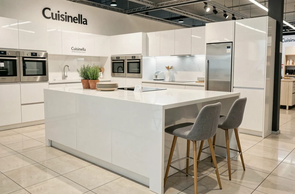 Cuisine moderne blanche exposée dans le showroom Cuisinella de Hauconcourt