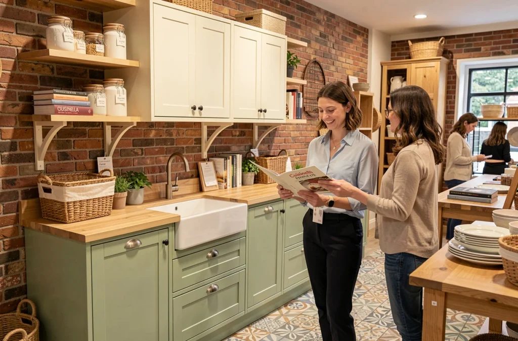 Cuisine Cuisinella style shaker vert sauge exposée à Montpellier, avec évier Belfast et étagères ouvertes en bois