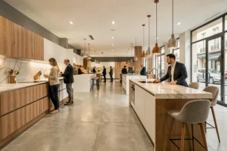 Showroom de cuisinistes à Montpellier avec plusieurs modèles de cuisines exposés et des visiteurs en train de les découvrir