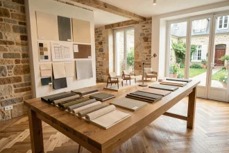 Showroom d'un décorateur d'intérieur en Loire-Atlantique avec échantillons de matériaux, maquettes et planches d'inspiration sur une grande table de travail en chêne