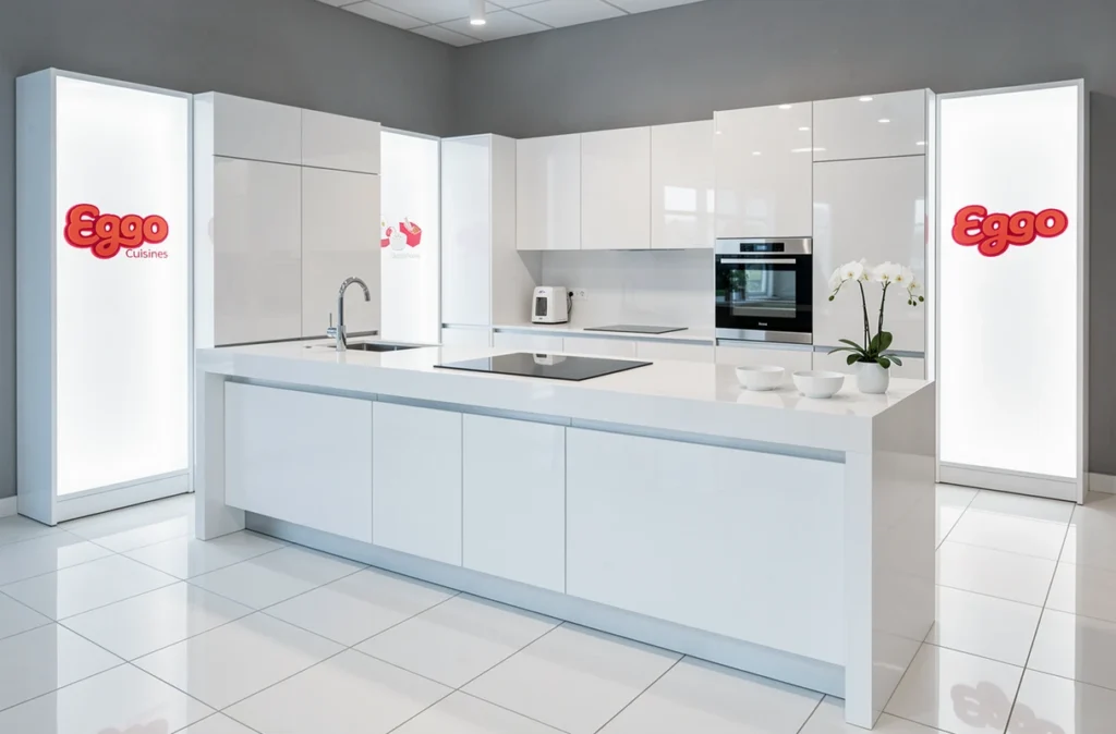 Cuisine minimaliste Eggo Cuisines Thionville en laqué blanc brillant avec îlot central dans un showroom en Moselle