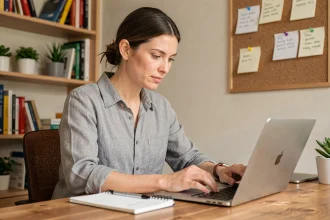 Femme évaluant des conseils et astuces sur un site internet depuis son bureau à domicile