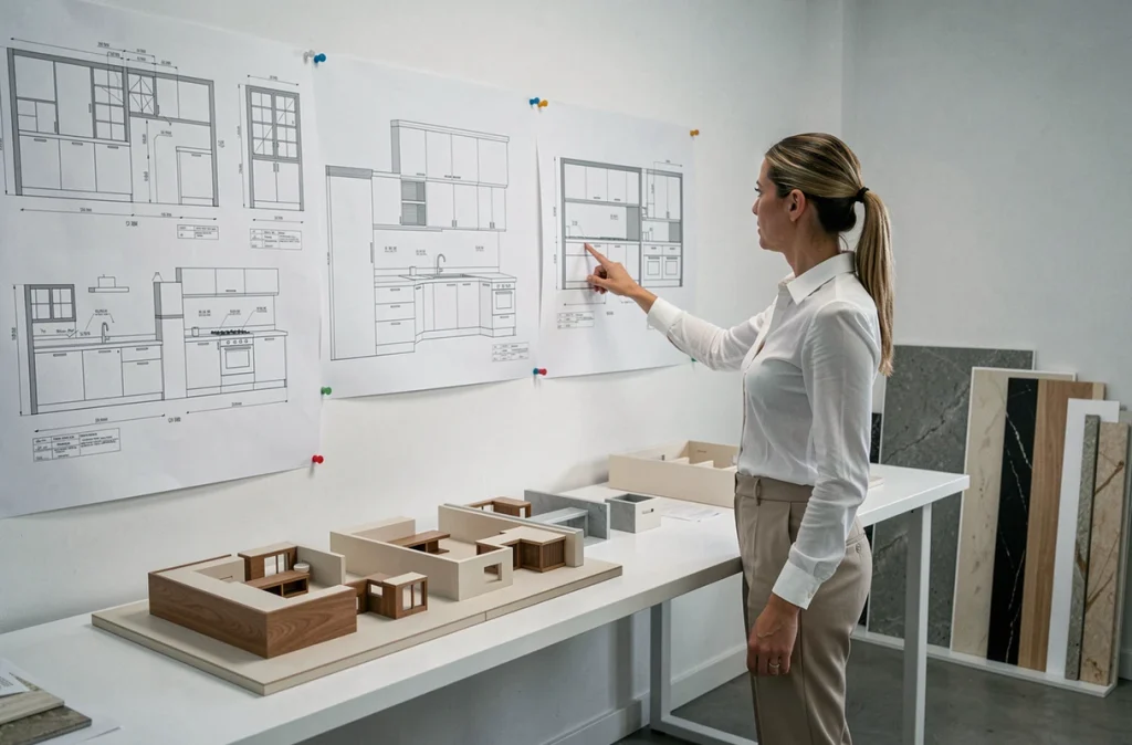 Spécialiste de Hestia Agencement examinant des plans techniques de cuisine et d'aménagement sur un mur de planification dans un studio professionnel