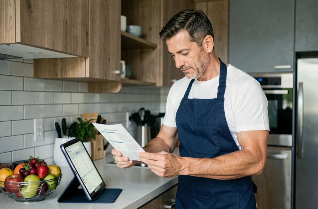 Homme consultant un tutoriel en ligne sur tablette dans une cuisine moderne pour comparer des conseils pratiques