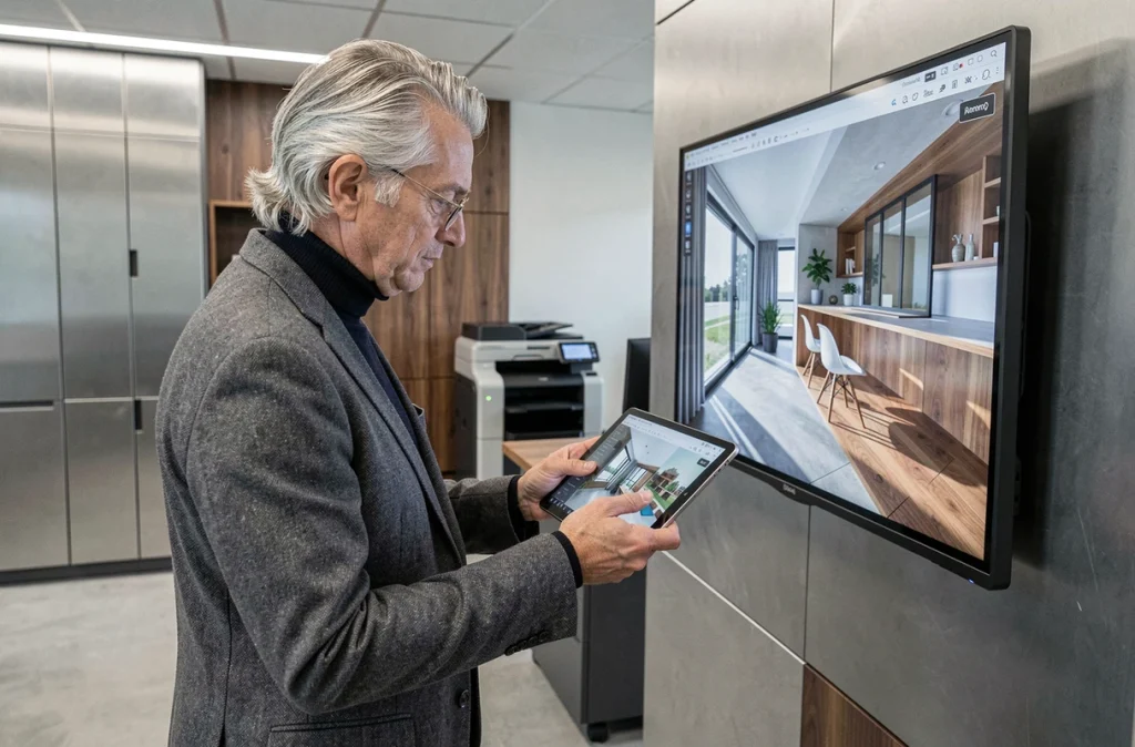 Designer d'Innov'Art analysant une visualisation 3D d'un projet résidentiel sur tablette dans un bureau professionnel moderne et technologique