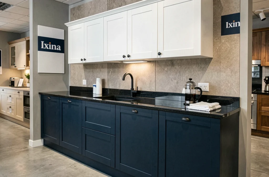 Cuisine Ixina bleu marine et blanc avec plan de travail en granit noir dans un showroom mosellan
