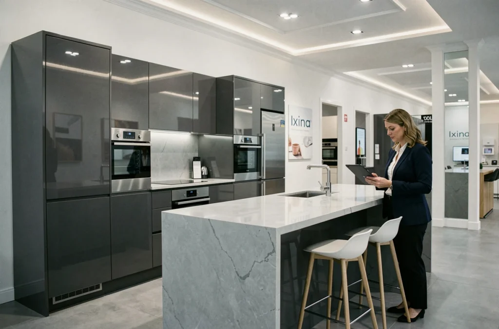 Cuisine Ixina exposée dans un showroom à Montpellier, avec des façades anthracite et un plan de travail en quartz gris