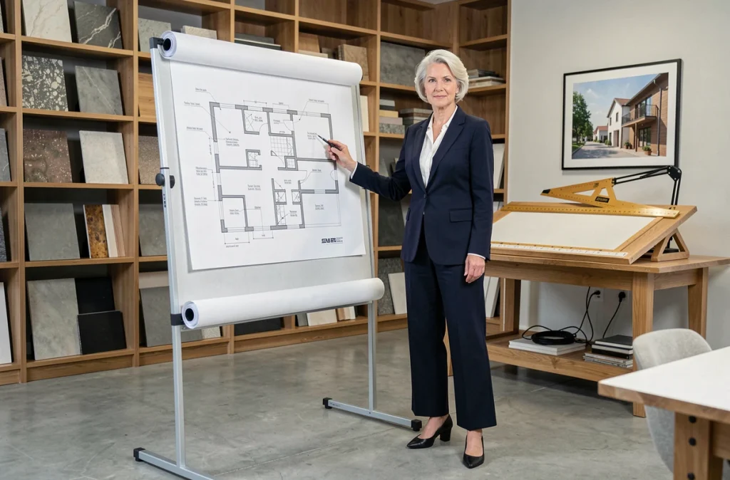 Architecte d'intérieur de L CK présentant des plans architecturaux détaillés dans son agence professionnelle dotée d'une bibliothèque de matériaux complète