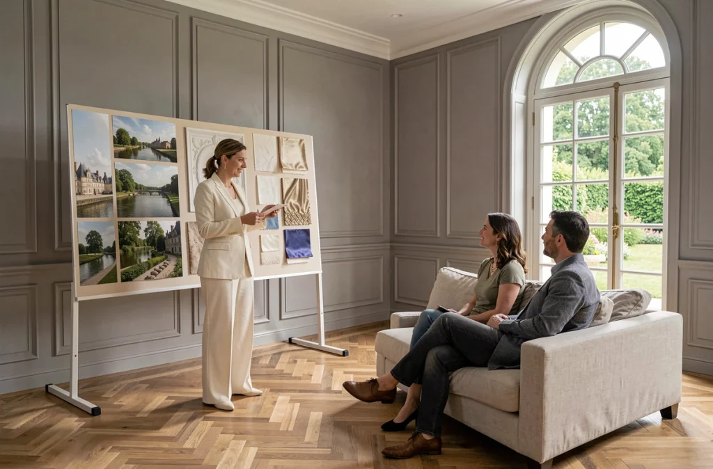 Décoratrice de Loire Ambiances présentant un tableau d'inspiration inspiré des ambiances ligériennes à des clients dans un showroom élégant