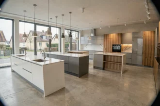 Showroom de cuisinistes en Moselle avec plusieurs modèles de cuisines modernes exposés