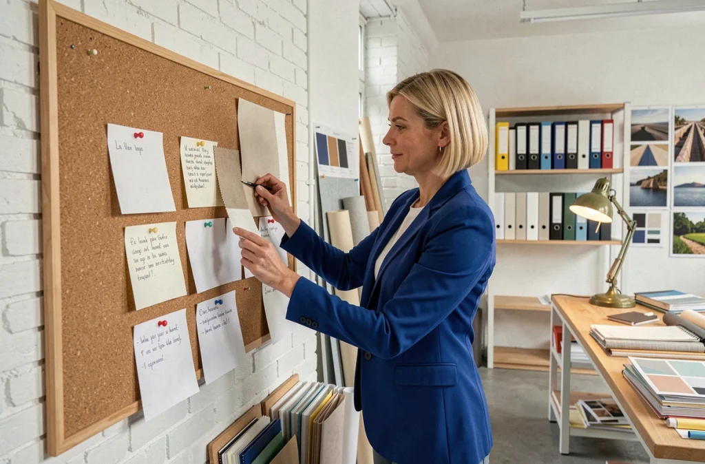 Décoratrice MJ Créations épinglant des échantillons de tissu et des notes de projet sur un grand tableau en liège dans son studio