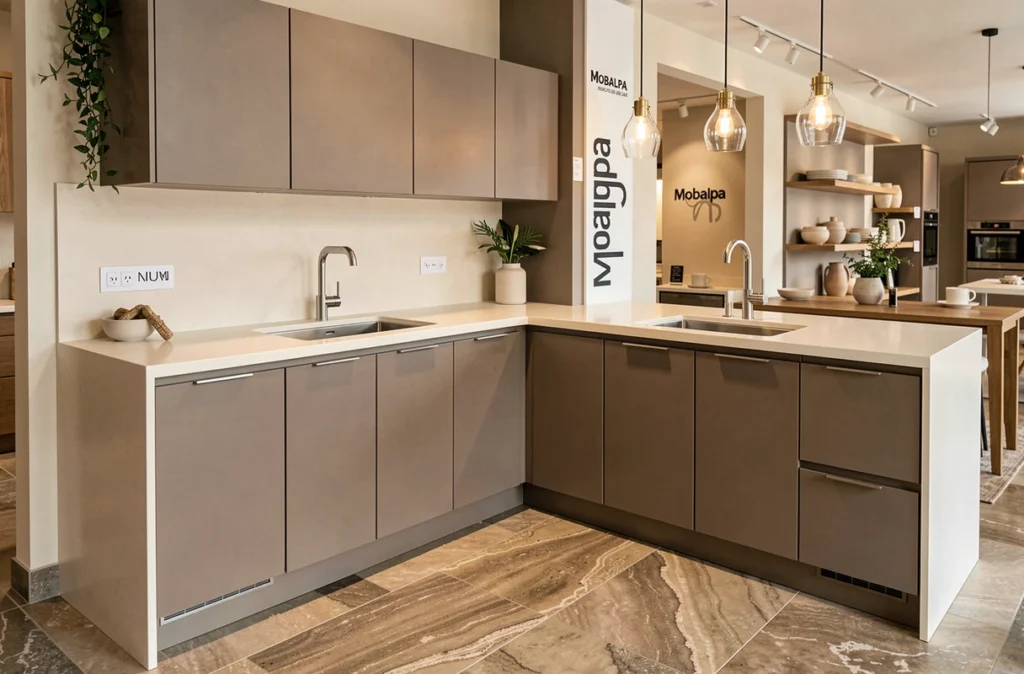 Cuisine Mobalpa laquée taupe mat présentée dans un espace de vente en Moselle