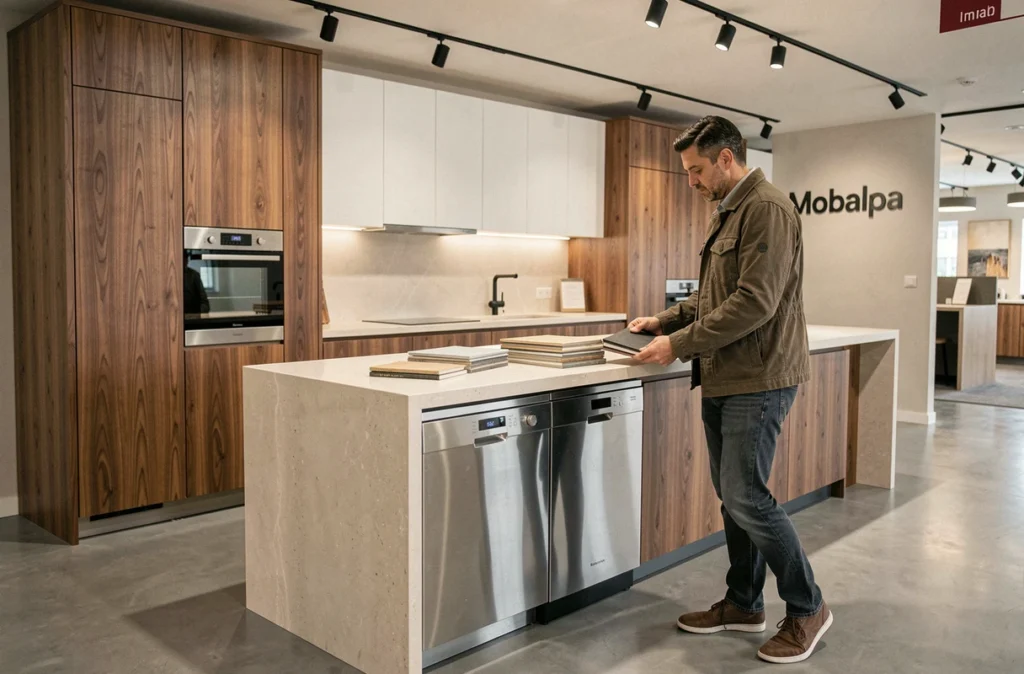 Cuisine Mobalpa en noyer et blanc mat exposée dans un showroom à Montpellier, avec un îlot central en pierre composite