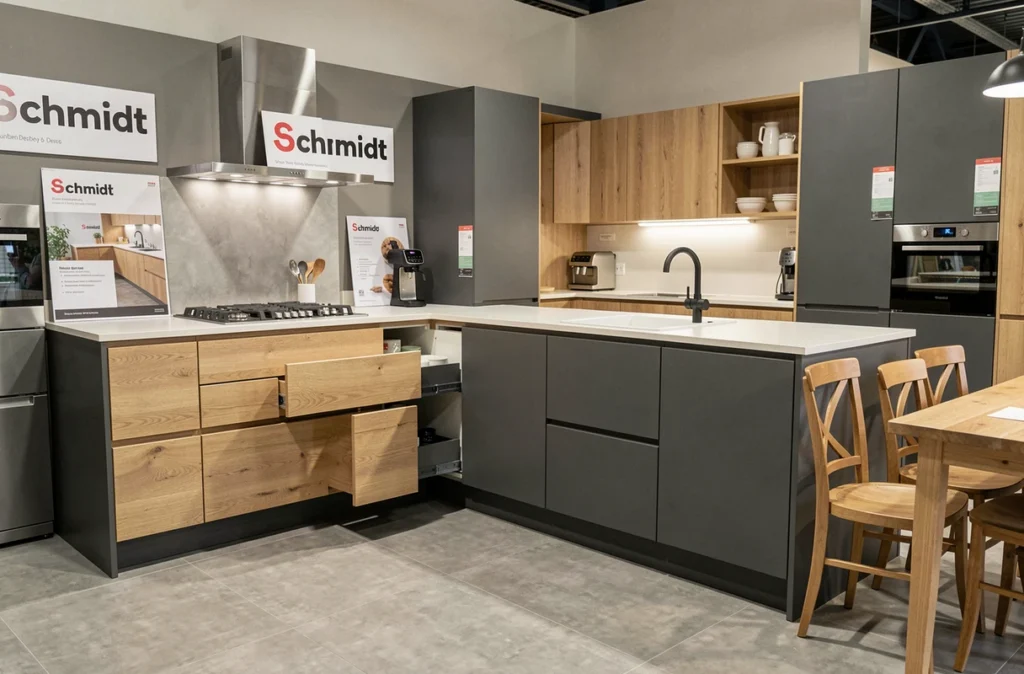 Cuisine Schmidt en gris anthracite et chêne clair dans un showroom en Moselle
