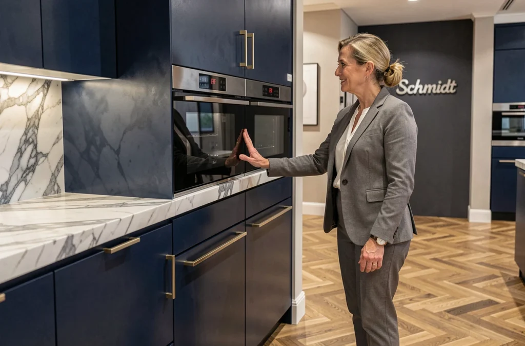 Cuisine Schmidt bleu marine exposée dans un showroom à Montpellier, avec des façades laquées et un plan de travail effet marbre