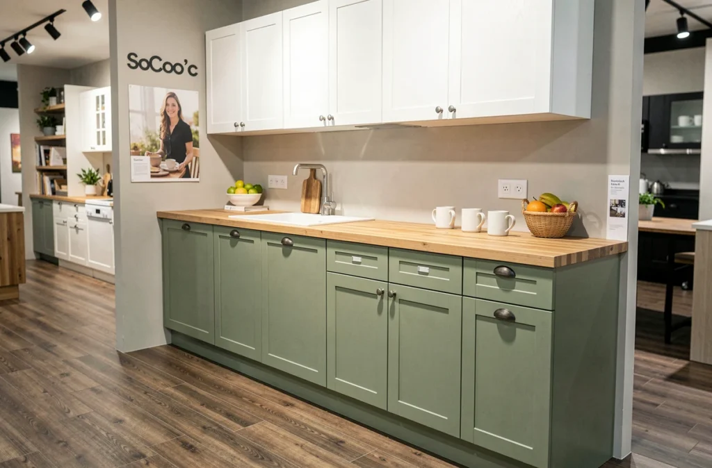 Modèle de cuisine SoCoo'c vert sauge et blanc exposé dans un showroom de Moselle