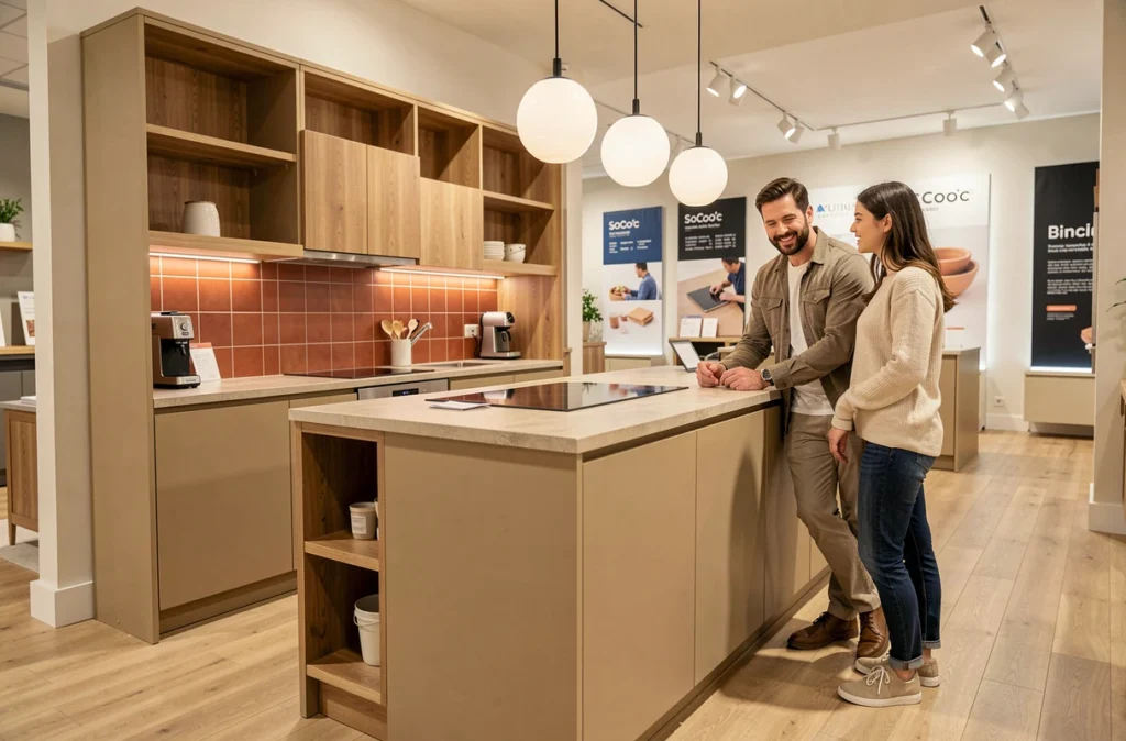 Exposition d'une cuisine SoCoo'c à Montpellier avec des façades sable mate et un îlot central en bois clair