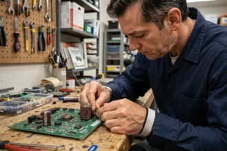 Technicien en électronique inspectant un condensateur gonflé sur une carte mère dans un atelier de réparation