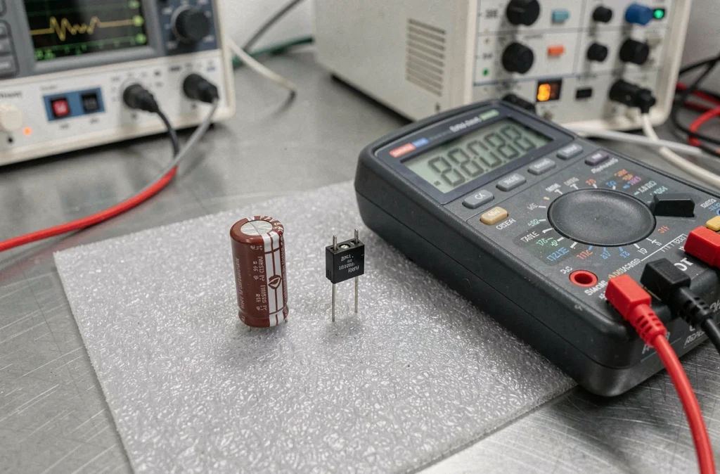 Test d'un condensateur électrolytique au multimètre sur un tapis antistatique dans un laboratoire électronique