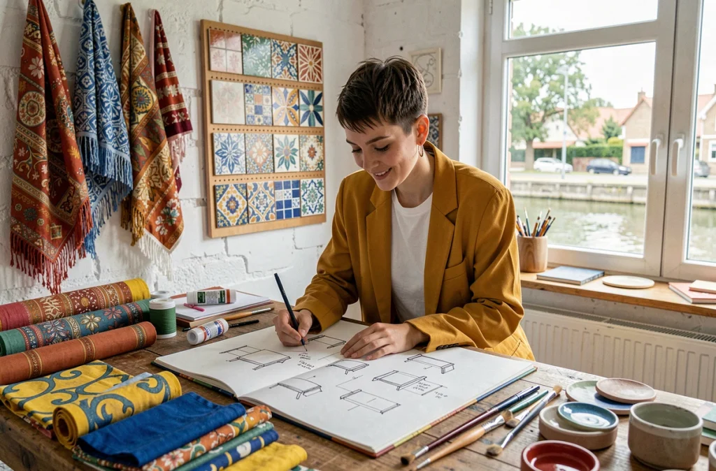 Designer de l'agence Tijou esquissant des aménagements dans un carnet entouré de rouleaux de tissu colorés dans un atelier créatif