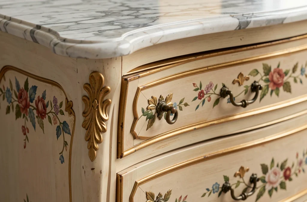 Commode peinte ancienne à tiroirs galbés et décor floral