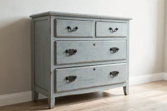 Commode peinte ancienne bleu gris à la peinture patinée dans une pièce claire