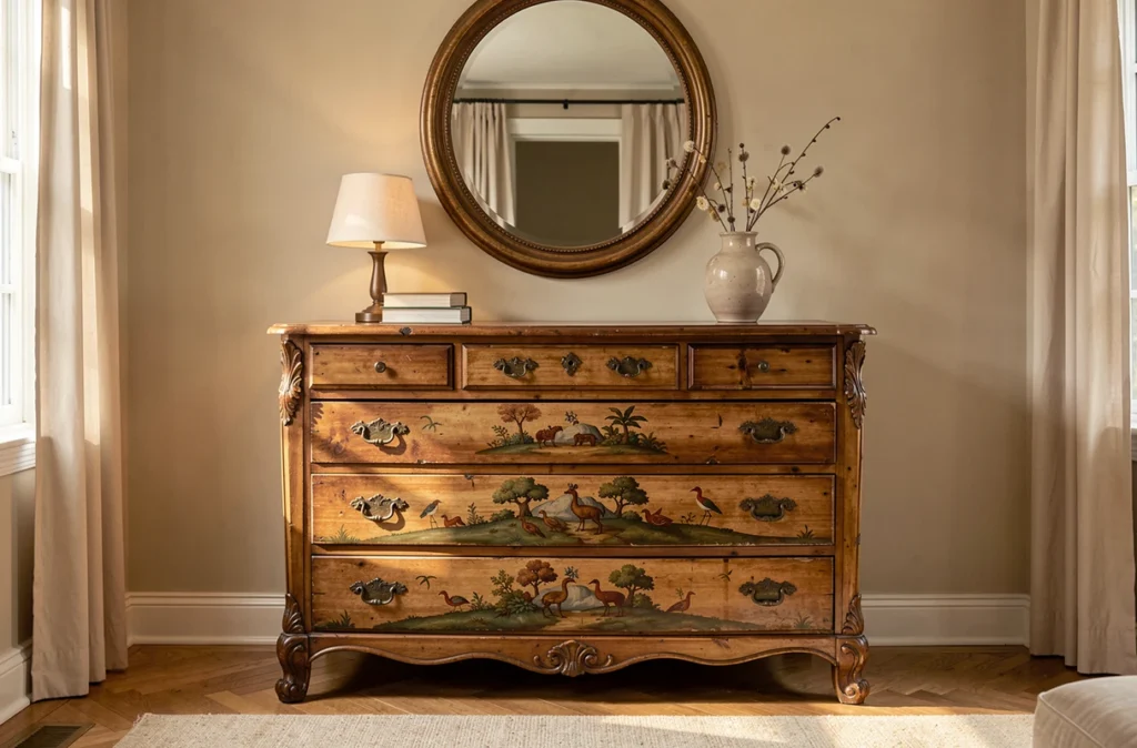Commode peinte ancienne surmontée d'un miroir, d'une lampe et d'un vase