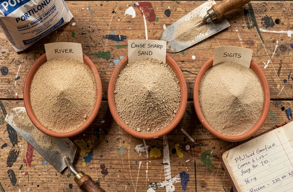 Comparaison de trois types de sable pour mélange ciment posés sur un établi de maçon avec trowel et carnet de notes