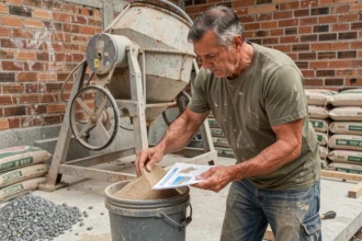 Ouvrier du bâtiment mesurant du sable pour ajuster un mélange ciment sable sur un chantier de construction extérieur